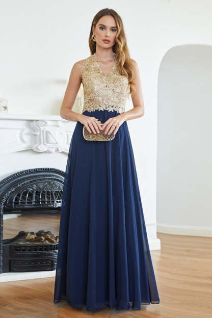 Elegant V-Neck Chiffon Long Evening Dress Sleeveless Gold Appliques Aline Special Occasion Dress - Dark Navy / US 2 - Prom Dresses