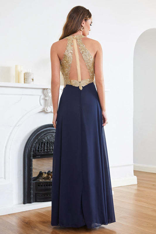 Elegant V-Neck Chiffon Long Evening Dress Sleeveless Gold Appliques Aline Special Occasion Dress - Prom Dresses