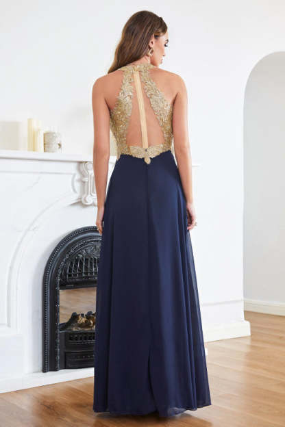Elegant V-Neck Chiffon Long Evening Dress Sleeveless Gold Appliques Aline Special Occasion Dress - Prom Dresses