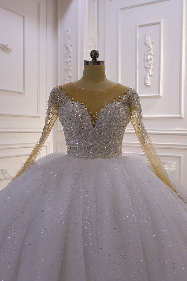 Chicloth Sparkly Ball Gown Tulle Wedding Dress Jewel Sequined Beadings Long Sleeves Bridal Gowns On Sale