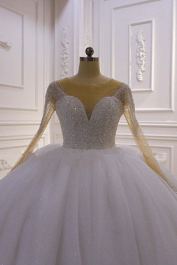 Chicloth Sparkly Ball Gown Tulle Wedding Dress Jewel Sequined Beadings Long Sleeves Bridal Gowns On Sale