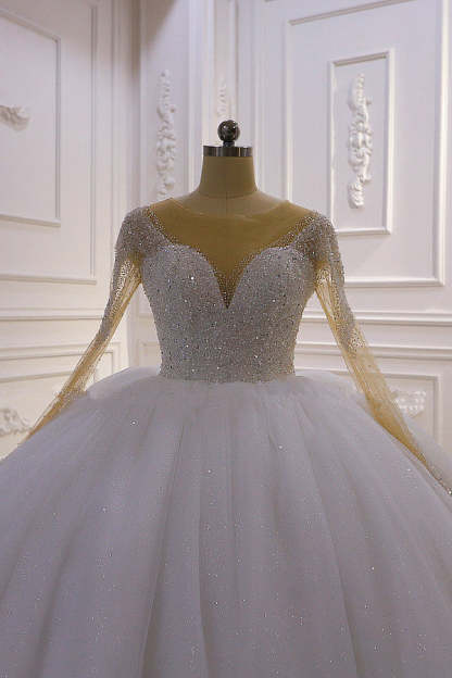 Chicloth Sparkly Ball Gown Tulle Wedding Dress Jewel Sequined Beadings Long Sleeves Bridal Gowns On Sale