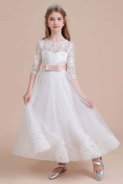 Chicloth A-Line Illusion Lace Tulle Ankle Length Flower Girl Dress On Sale