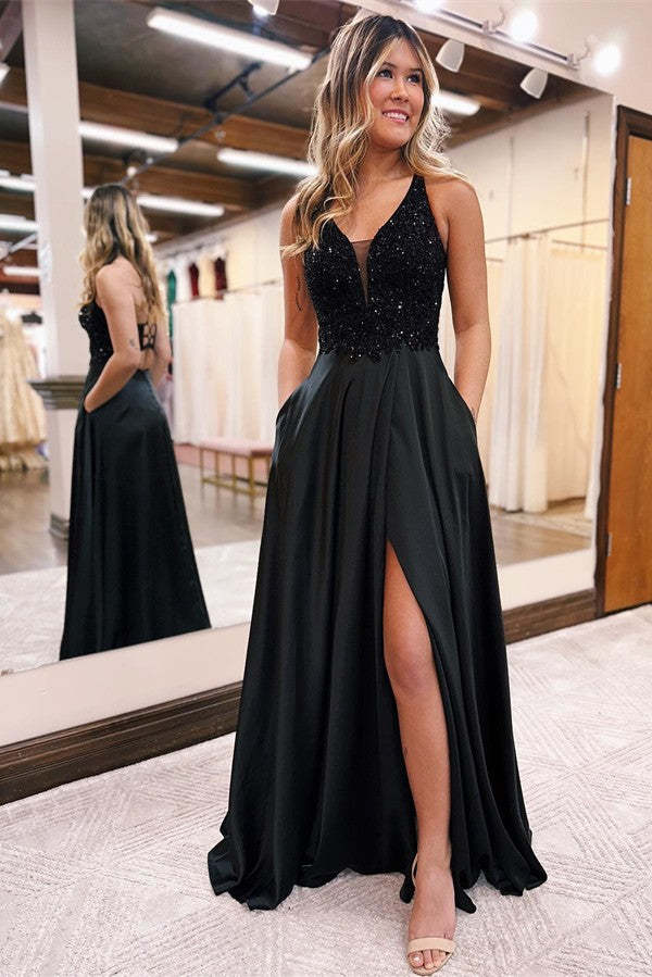 Chicloth V-Neck Black Prom Dress Sleeveless Split With Split