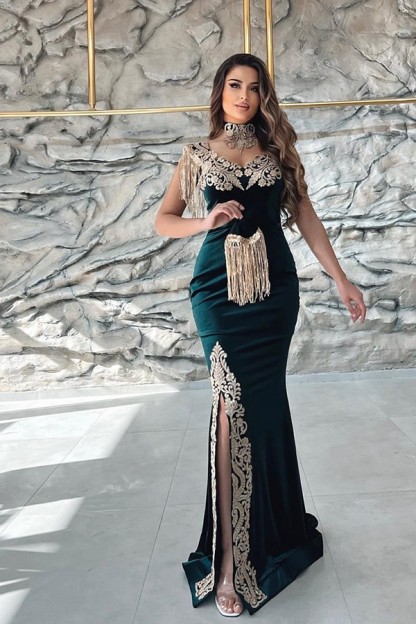 Dark green velvet sleeveless long prom dress with gold lace appliques