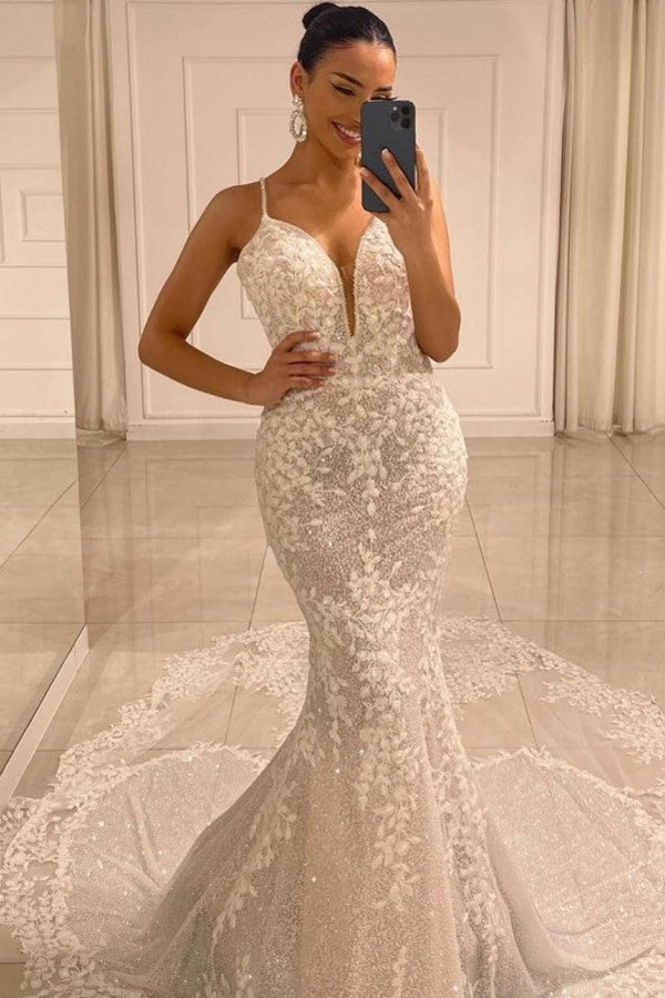 Chicloth Spaghetti-Straps Sleeveless Wedding Dress Lace Mermaid Long