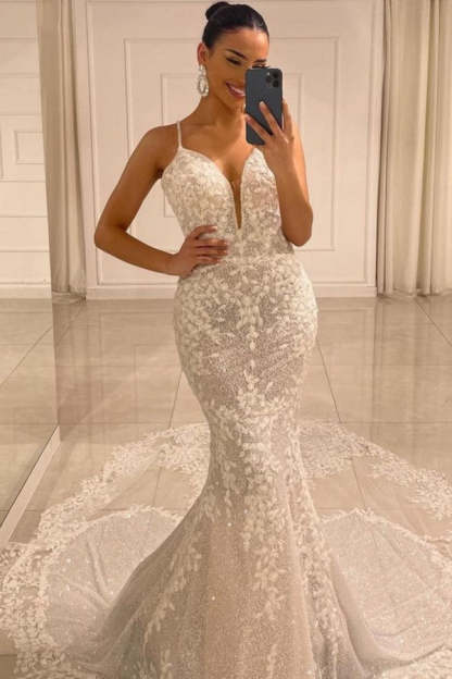 Chicloth Spaghetti-Straps Sleeveless Wedding Dress Lace Mermaid Long