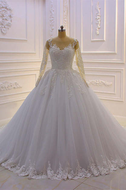 Chicloth Ball Gown Tulle Appliqus Wedding Dress Long Sleeves Jewel Beading Ruffles Bridal Gowns On Sale
