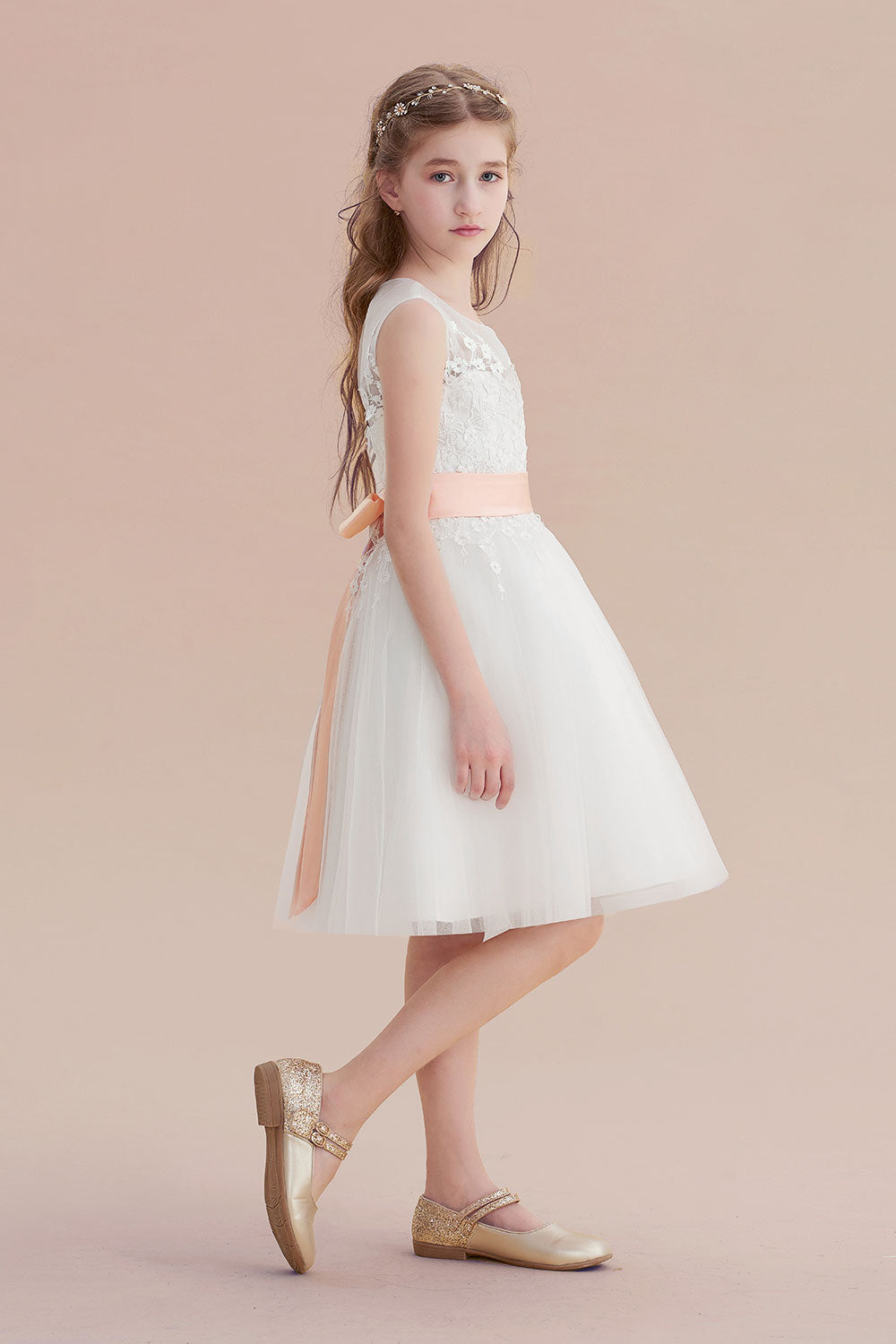 Chicloth A-Line Illusion Appliques Tulle Flower Girl Dress Online
