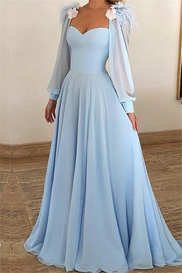 Chicloth Sky Blue Long Sleeves Prom Dress Long Chiffon Sweetheart