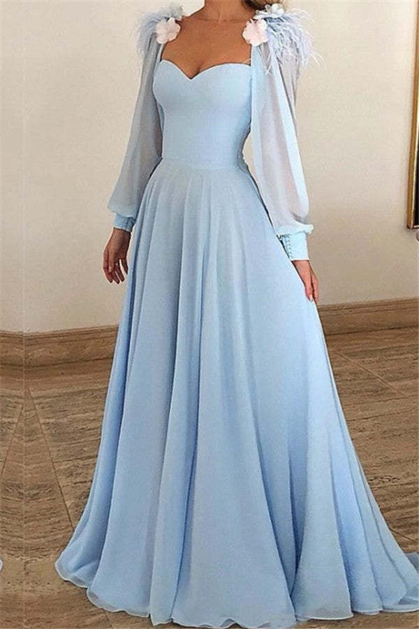 Chicloth Sky Blue Long Sleeves Prom Dress Long Chiffon Sweetheart