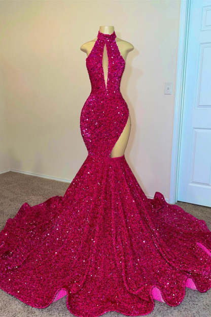 Chicloth High Neck Fuchsia Sequined Mermaid Sleeveless Prom Dress