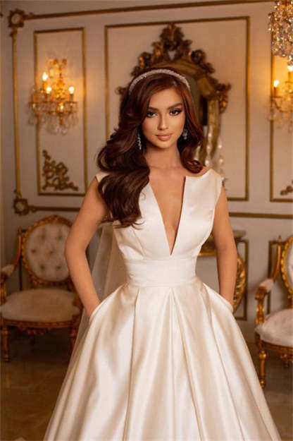 Chicloth Satin Wedding Dress V-Neck Long With Pockets