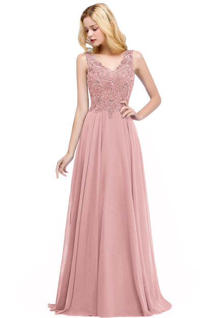 Chicloth A-line V-neck Sleeveless Long Appliqued Chiffon Prom Dress with Crystals