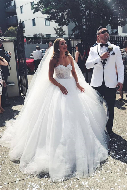 Strapless Tulle Lace Applique Sleeveless A-Line Wedding Dress