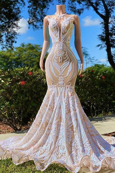 White Sequin Sparkle Mermaid Prom Dress with Court Train