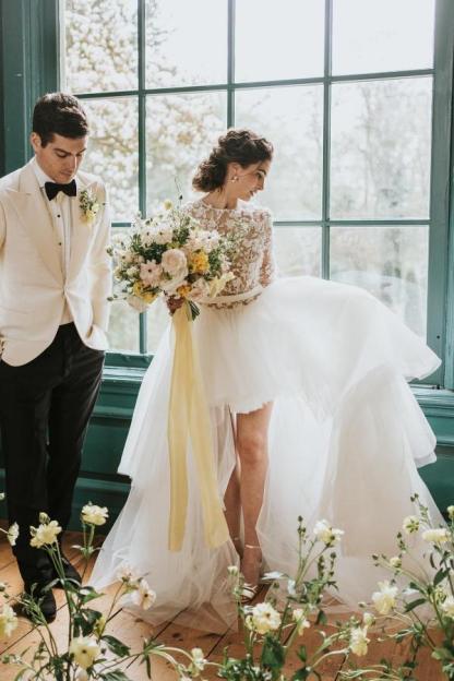 Chicloth Long Sleeves Hi-Lo Wedding Dress With Lace Appliques