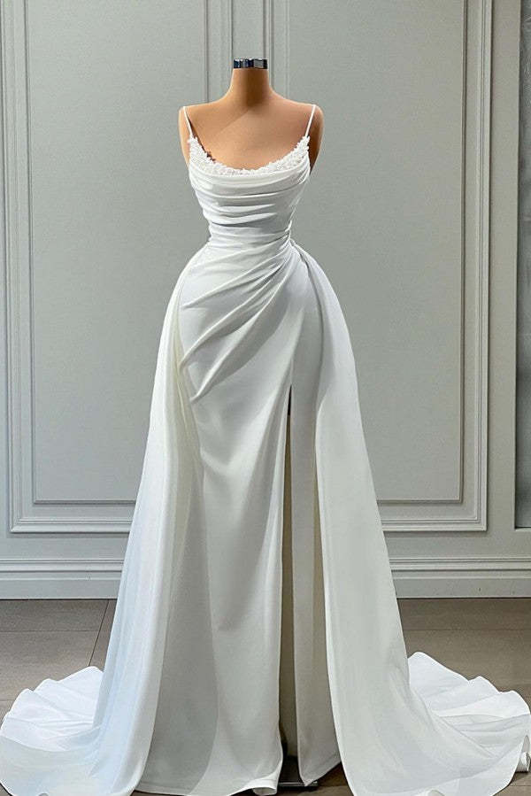 Chicloth Spaghetti-Straps Mermaid Prom Dress White Long With Slit Beads