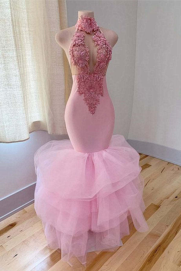 Chicloth Pink High Neck Prom Dress Mermaid Sleeveless With Appliques