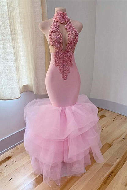 Chicloth Pink High Neck Prom Dress Mermaid Sleeveless With Appliques