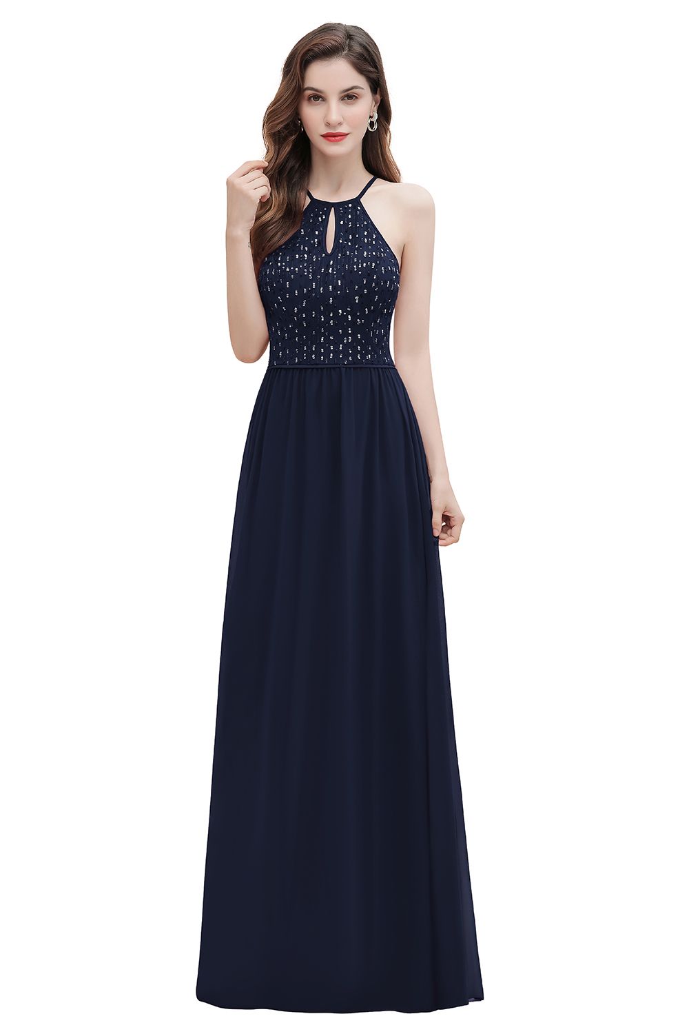 Chicloth Glamorous Halter A-line Bridesmaid Dress Chiffon Sequins Elegant Party Maxi Dress