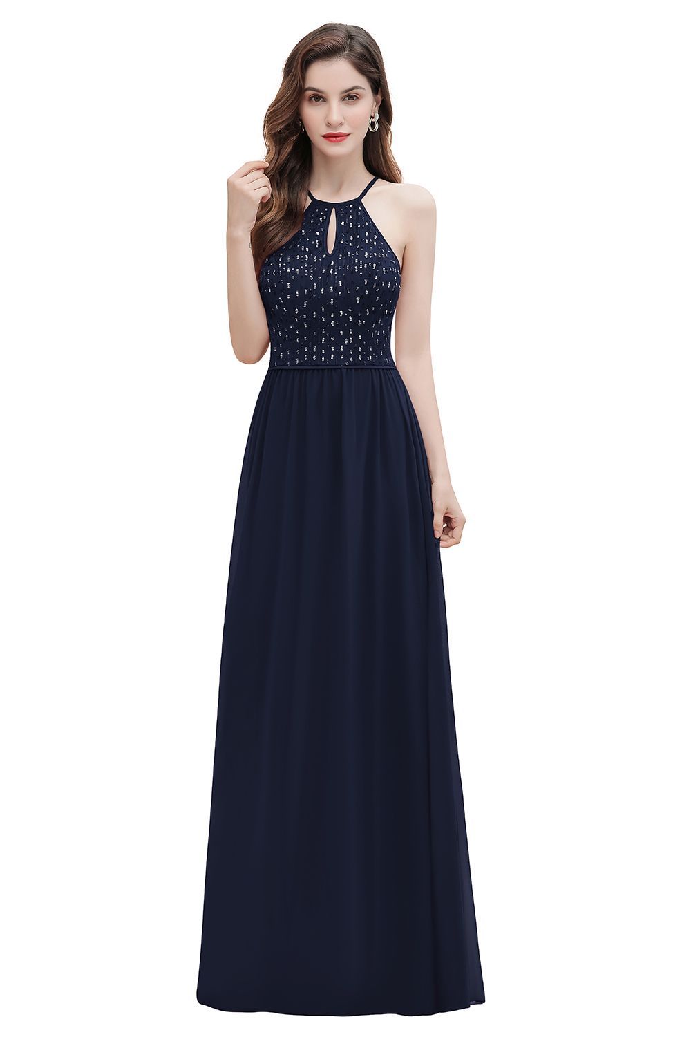 Chicloth Glamorous Halter A-line Bridesmaid Dress Chiffon Sequins Elegant Party Maxi Dress