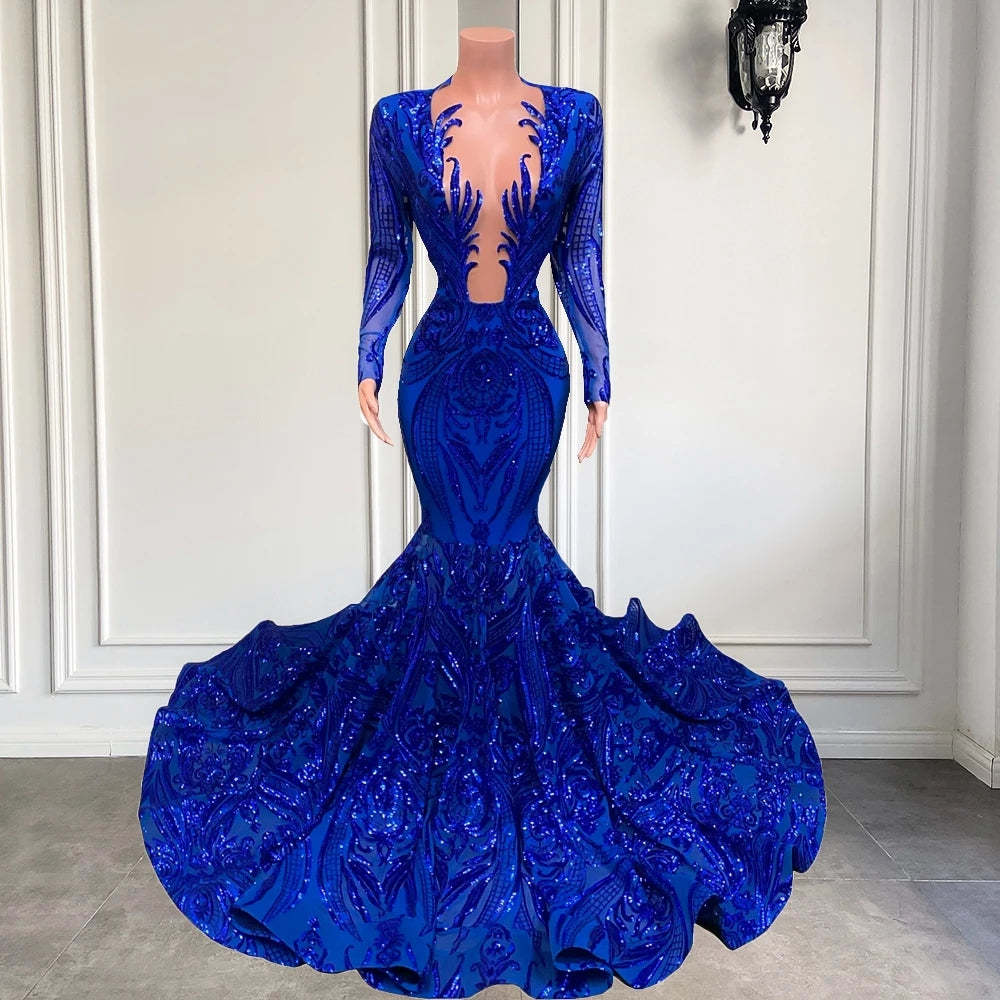 Chicloth Long Sleeves Royal Blue Prom Dress Mermaid Sequins V-Neck
