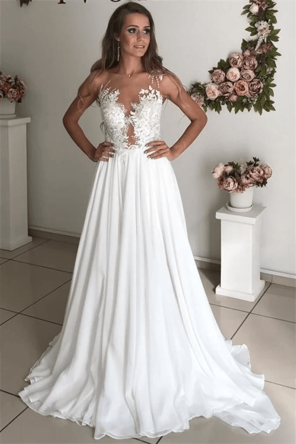 Strapless Applique Sheer Tulle Chiffon A-Line Bridal Wedding Dress