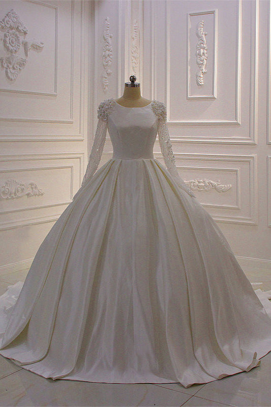 Chicloth Ball Gown Satin Long Sleeves Wedding dress Jewel Ruffles Flowers Bedaings Bridal Gowns On sale