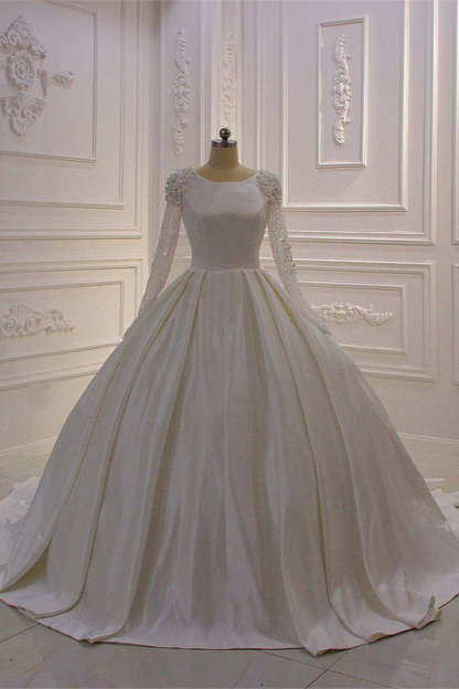 Chicloth Ball Gown Satin Long Sleeves Wedding dress Jewel Ruffles Flowers Bedaings Bridal Gowns On sale