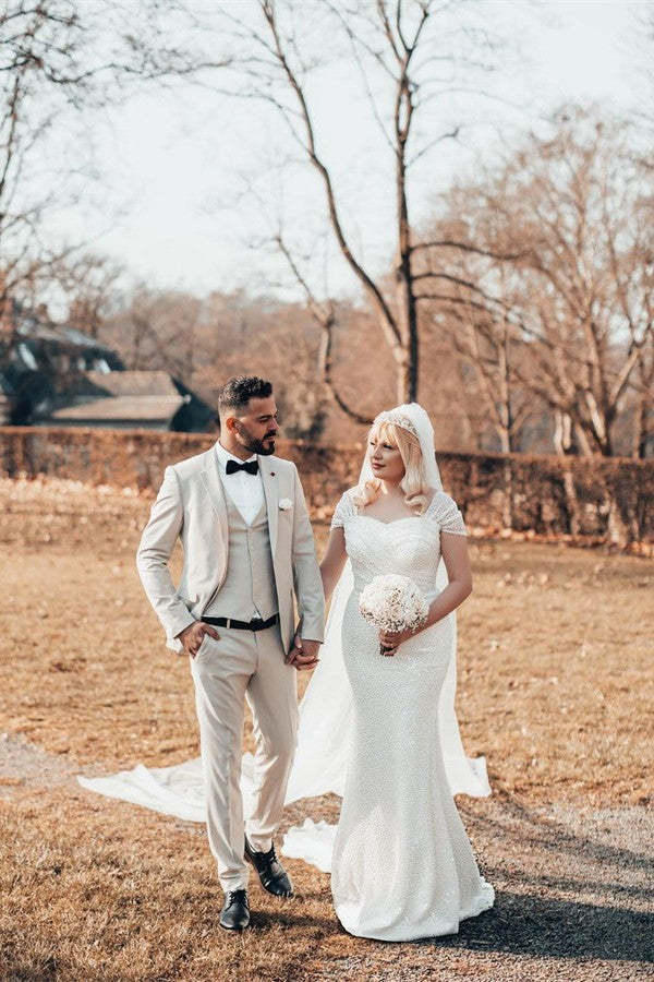 Chicloth Cap Sleeves Sequins Wedding Dress Mermaid Long