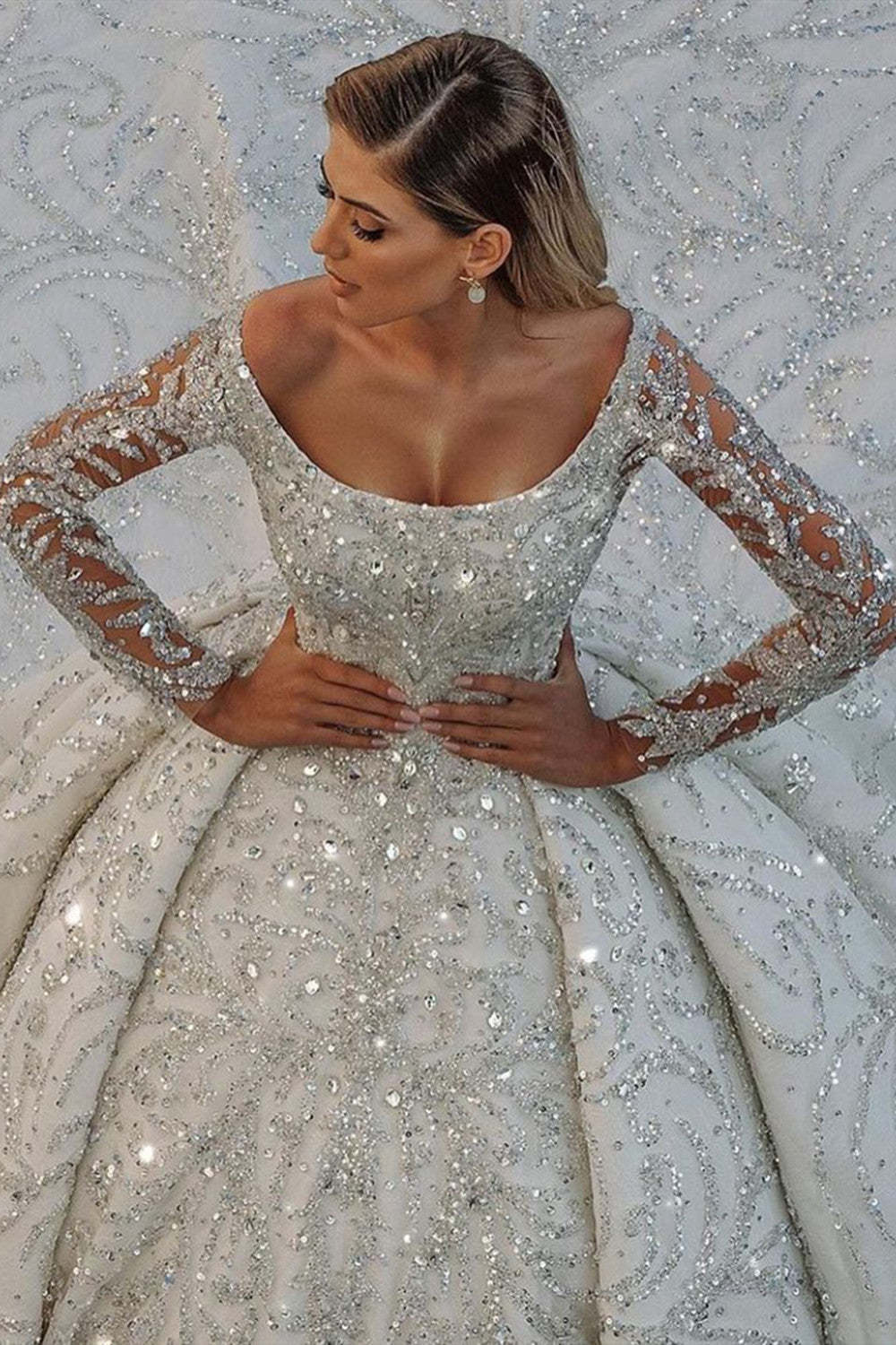 Chicloth Long Sleeve Ball Gown Wedding Dress With Beads