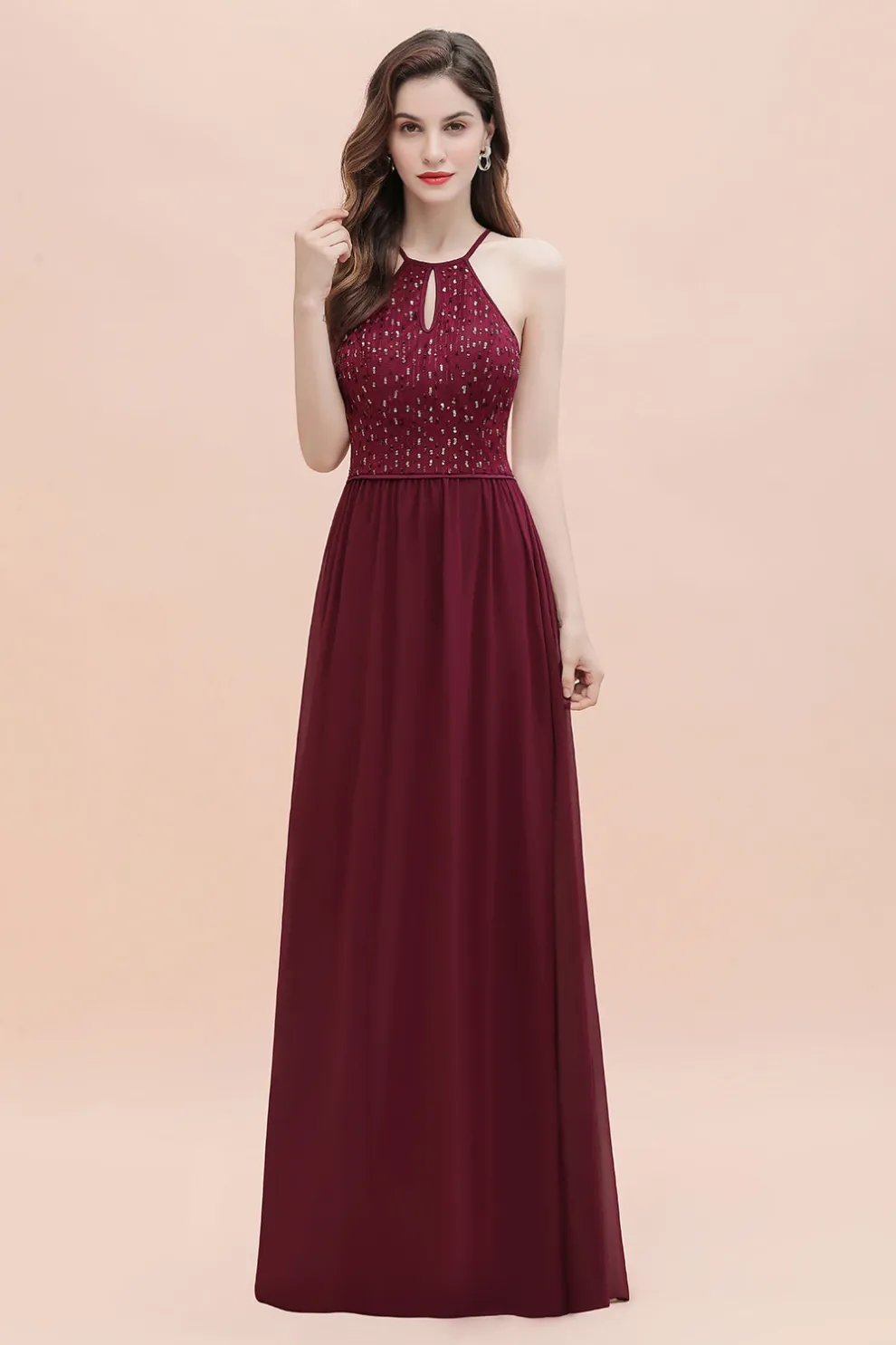 Chicloth Glamorous Halter A-line Bridesmaid Dress Chiffon Sequins Elegant Party Maxi Dress