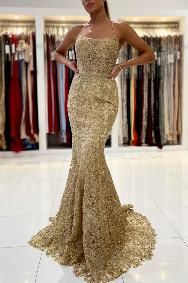 Chicloth Gold Appliques Mermaid Evening Dress Halter Long Prom Gown