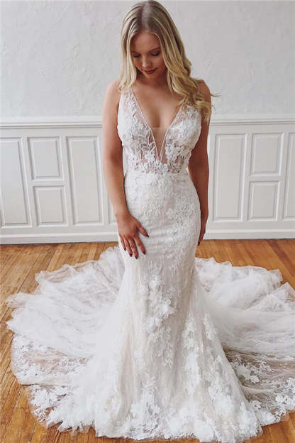 Chicloth V-Neck Sleeveless Mermaid Wedding Dress With Appliques Detachable Skirt