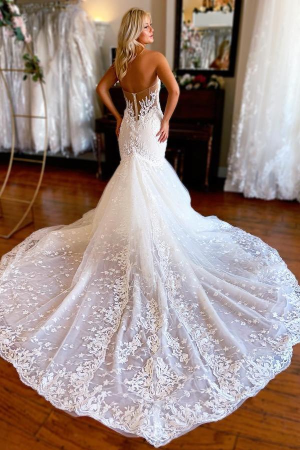 Sweetheart White Tulle Lace Bridal Gown Strapless Mermaid Wedding Dress