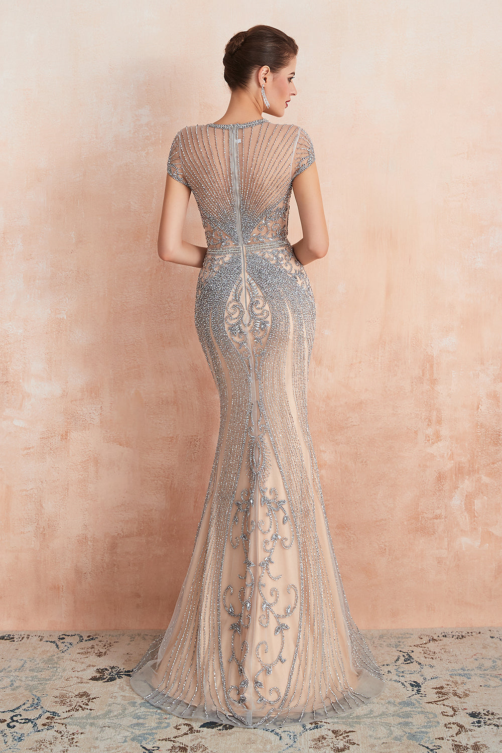 Chicloth Luxurious Crystal Short Sleeve Prom Dress Long Mermaid Kehole Evening Gowns With Zipper Back