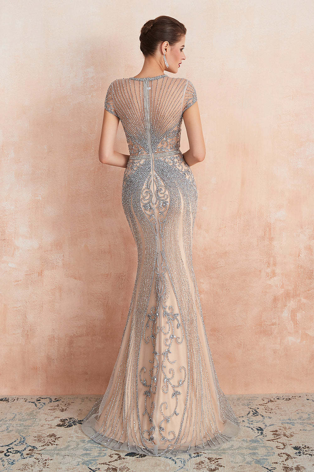 Chicloth Luxurious Crystal Short Sleeve Prom Dress Long Mermaid Kehole Evening Gowns With Zipper Back