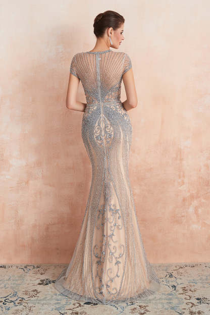 Chicloth Luxurious Crystal Short Sleeve Prom Dress Long Mermaid Kehole Evening Gowns With Zipper Back