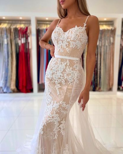 Chicloth Spaghetti-Straps Mermaid Prom Dress Appliques Tulle Skirt