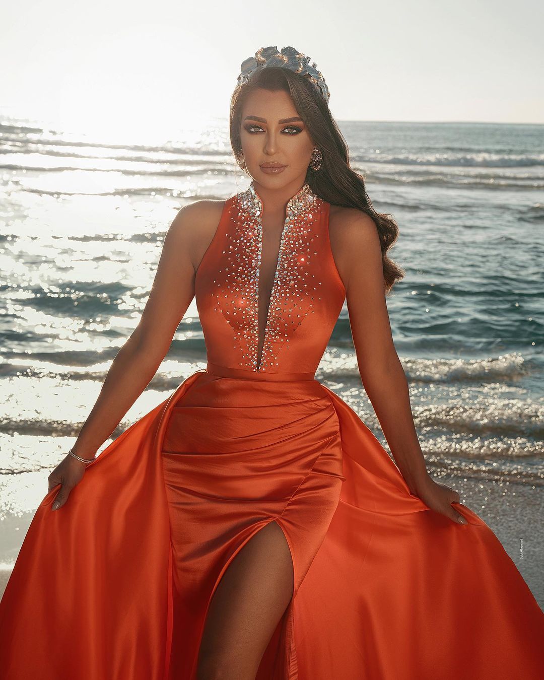 Chicloth Orange Halter Mermaid Prom Dress Slit Overskirt With Beads