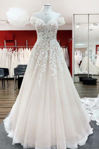 Chicloth Graceful Off The Shoulder Tulle Lace Ruffles A-Line Wedding Dresses