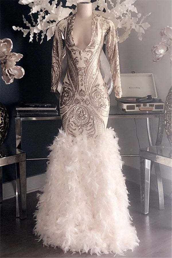 Chicloth Deep V-Neck Long Sleeves Prom Dress Mermaid Sequins With Ruffles