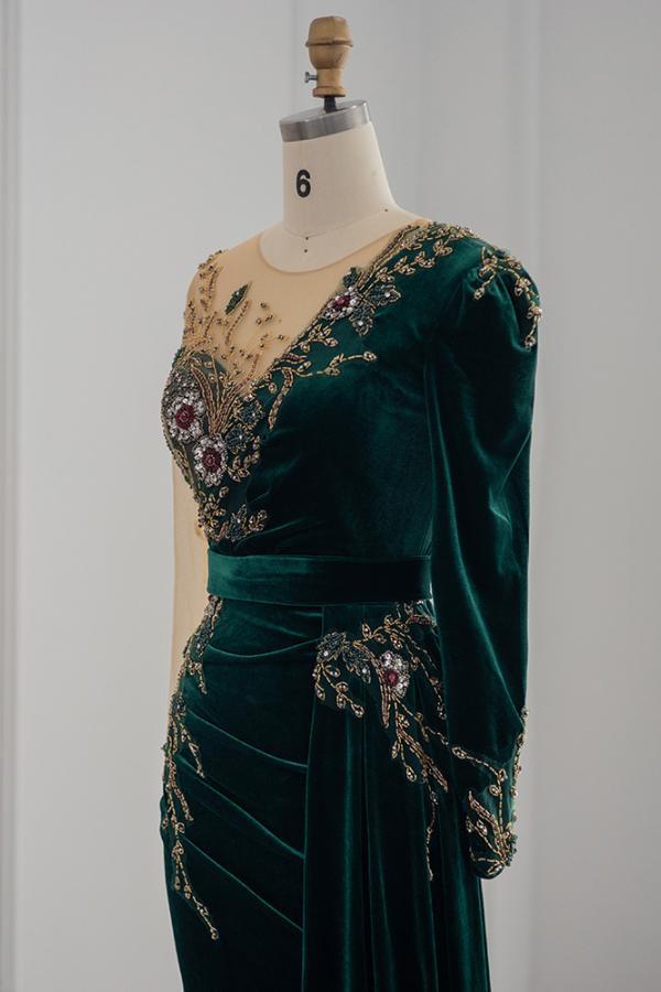 Chicloth Long Sleeves Mermaid Evening Dresses Dark Green With Crystals
