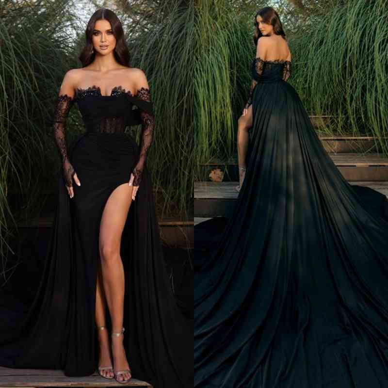 Chicloth Black Long Sleeve Prom Dress Lace Mermaid Split