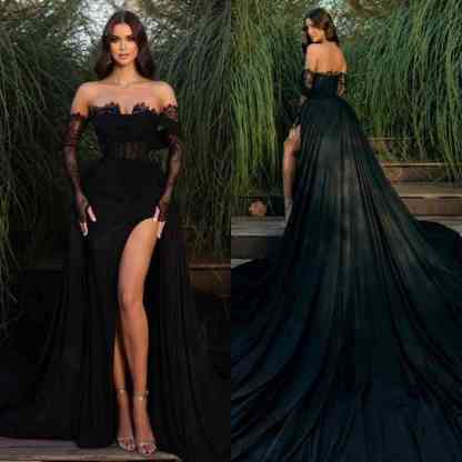 Chicloth Black Long Sleeve Prom Dress Lace Mermaid Split