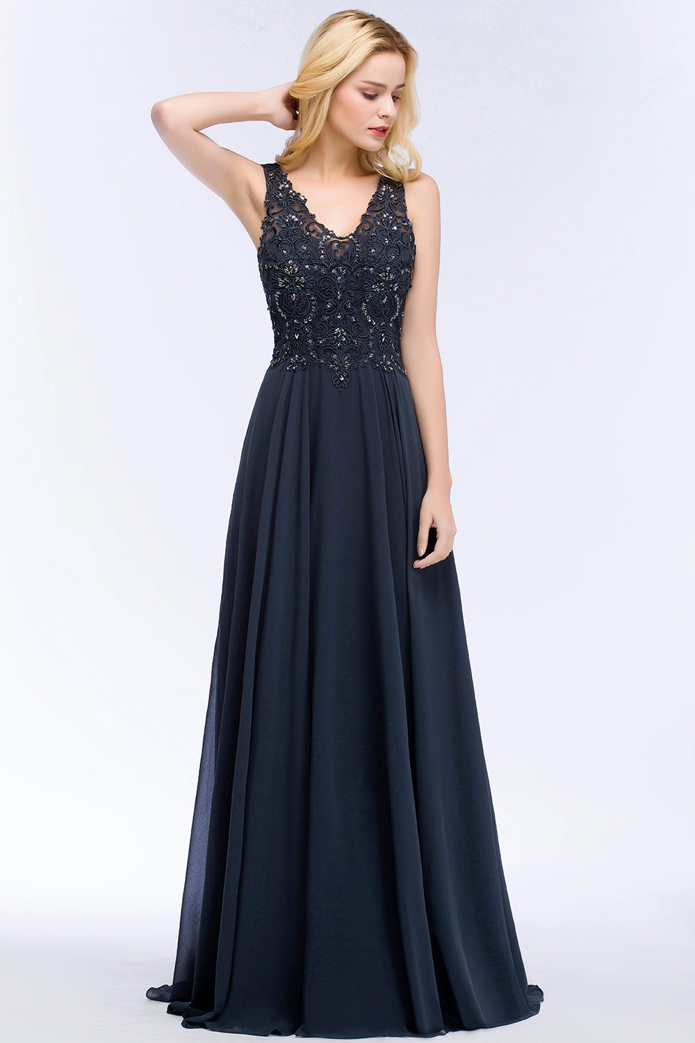 Chicloth A-line V-neck Sleeveless Long Appliqued Chiffon Prom Dress with Crystals