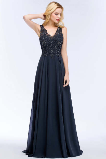Chicloth A-line V-neck Sleeveless Long Appliqued Chiffon Prom Dress with Crystals