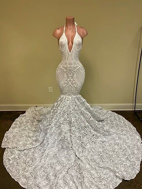 Sparkle White V-Neck Mermaid Fit and Flare Prom Dress