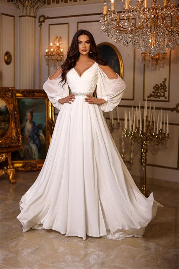 Chicloth Long Sleeves Chiffon Wedding Dress Long With Split Online